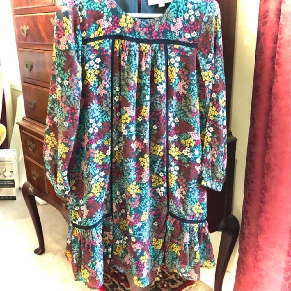 Loft Boho Peasant Dress flowy floral Long puff sleeve 4 XS knee length